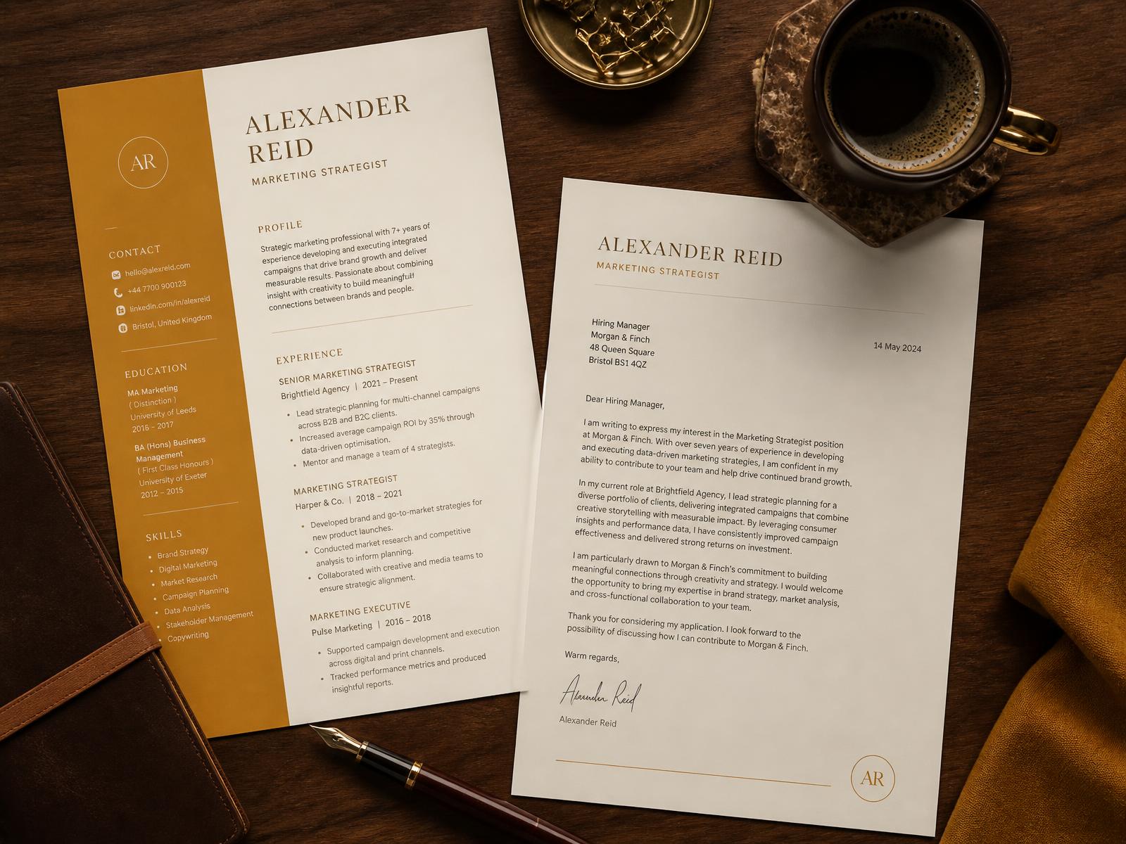 Printed career documents laid out on a desk